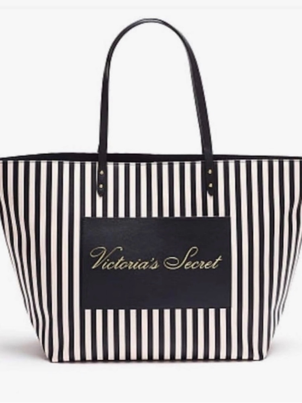 Victoria's Secret Black and White Striped Logo Tote